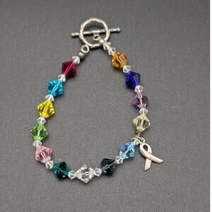 SJC Sterling 925 Breast Cancer Awareness Ribbon Crystal Bracelet Rainbow Toggle